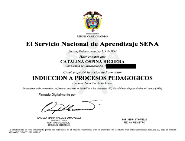 Certificado Induction to Pedagogical Processes — Catalina Ospina Higuera