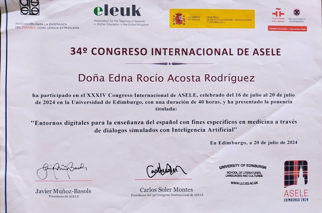 Certificado 34º Congreso Internacional de ASELE, Universidad de Edimburgo 2024